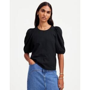 Madewell Puff-Sleeve Tee 2XS Black Crewneck Cotton Relaxed Pullover Ruffle Trim